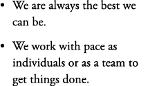 • We are always the best we can be. • We work with pace as individuals or as a team to get things done. 
